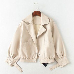 Oversize Balloon Sleeve Cream Faux Leather Jacket